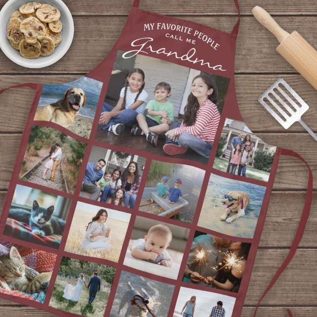 Any Text Family Photo Collage Grandma Burgundy Red Apron (Creator Uploaded)