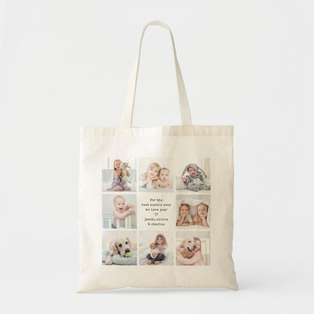 Any Text Front Back Photo Collage Modern Keepsake Tote Bag (Front)