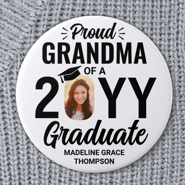 Any Text Graduate Photo Proud Grandma Black White 7.5 Cm Round Badge (Creator Uploaded)
