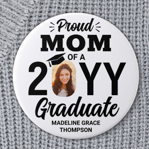 Any Text & Graduate Photo Proud Mum Black & White 7.5 Cm Round Badge