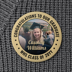 Any Text Graduation Photo Congrats Black and Gold 6 Cm Round Badge