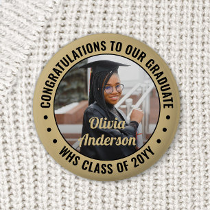 Any Text Graduation Photo Congrats Black and Gold 6 Cm Round Badge