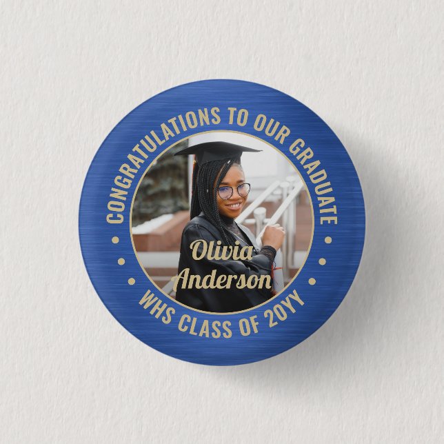 Any Text Graduation Photo Congrats Blue and Gold 3 Cm Round Badge (Front)