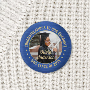 Any Text Graduation Photo Congrats Blue and Gold 3 Cm Round Badge