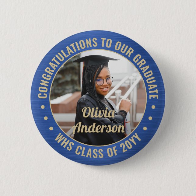 Any Text Graduation Photo Congrats Blue and Gold 6 Cm Round Badge (Front)