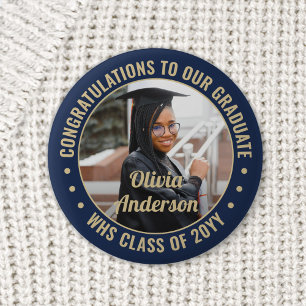 Any Text Graduation Photo Congrats Navy Blue Gold 6 Cm Round Badge