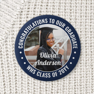 Any Text Graduation Photo Congrats Navy Blue White 6 Cm Round Badge
