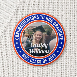 Any Text Graduation Photo Congrats Orange and Blue 6 Cm Round Badge