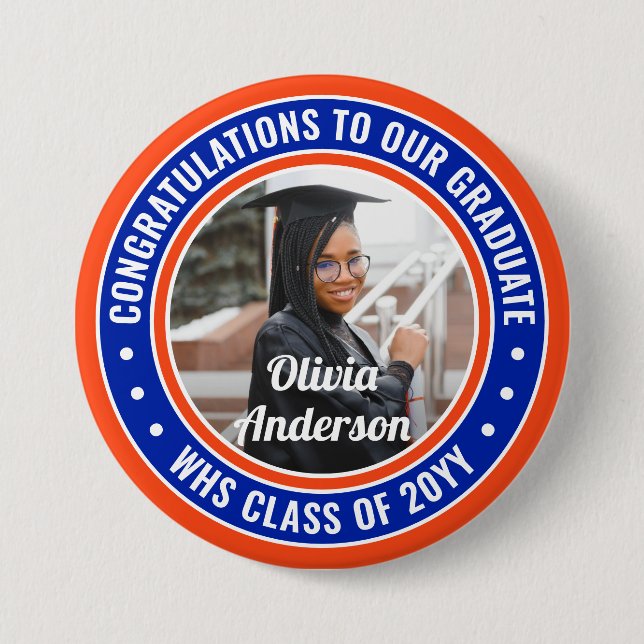 Any Text Graduation Photo Congrats Orange and Blue 7.5 Cm Round Badge (Front)