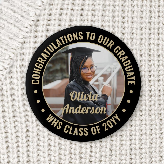Any Text Graduation Photo Elegant Black and Gold 6 Cm Round Badge (Creator Uploaded)