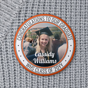 Any Text Graduation Photo Orange Black and White 6 Cm Round Badge