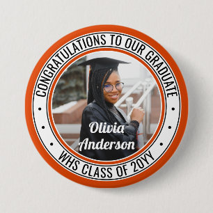 Any Text Graduation Photo Orange Black and White 7.5 Cm Round Badge
