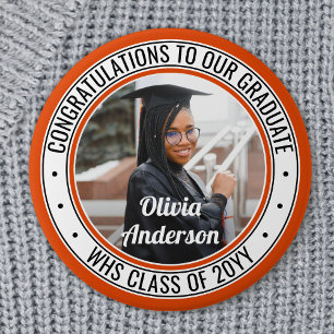 Any Text Graduation Photo Orange Black and White 7.5 Cm Round Badge