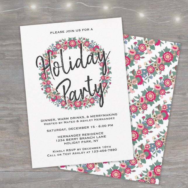 Any Text Holiday Floral Wreath Red Christmas Party Invitation (Creator Uploaded)