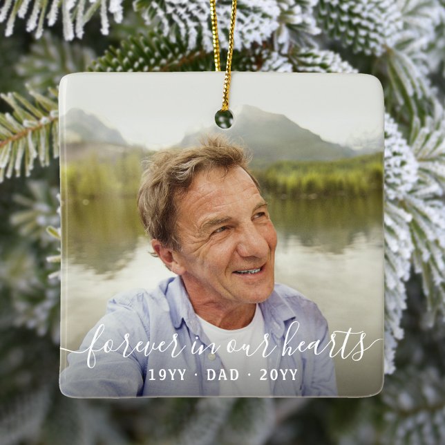 Any Text Memorial 2 Photo Simple White Script Ceramic Ornament (Creator Uploaded)