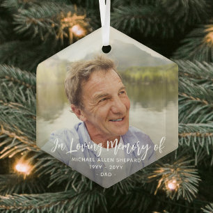 Any Text Memorial Simple White Script 1 Photo Glass Tree Decoration