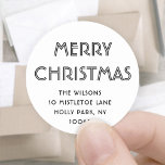Any Text Minimalist Black & White Return Address Classic Round Sticker<br><div class="desc">Add a stylish finishing touch to holiday card envelopes with custom modern minimalist round return address labels. All text on this template is simple to personalise with any wording, such as Merry Christmas, Happy Holidays, Seasons Greetings, or Happy New Year. As an option, change the greeting to your name and...</div>