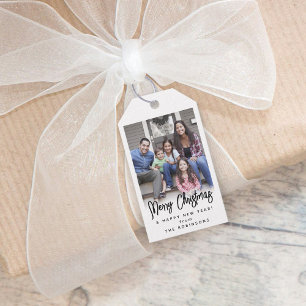 Any Text Modern Brushed Script Photo Black & White Gift Tags