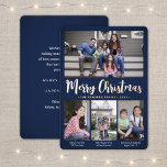 Any Text Navy Blue 4 Photo Collage Trendy Script<br><div class="desc">Send stylish joyful greetings and share your favourite pictures with a custom four photo collage navy blue and rose gold foil holiday card. All text on this template is simple to customise to include any wording, such as Merry Christmas, Happy Holidays, Seasons Greetings, New Year Cheers etc. (IMAGE PLACEMENT TIP:...</div>