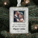 Any Text Newlyweds Photo Faux Marble First Married Silver Plated Framed Ornament<br><div class="desc">Celebrate a joyful 1st holiday as a married couple with a custom photo "Our First Christmas as Mr. & Mrs." faux marble rectangular metal ornament. The image and all text on this template are simple to personalise. (IMAGE DESIGN TIP: To centre the photo exactly how you want, crop it into...</div>