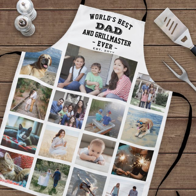 Any Text Photo Collage Best Dad Grill Master White Apron (Creator Uploaded)