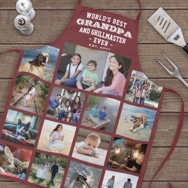 Any Text Photo Collage Best Grandpa Ever Burgundy Apron (Creator Uploaded)