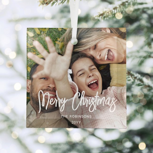 Any Text Photo Overlay Modern Brushed White Script Glass Tree Decoration (Creator Uploaded)