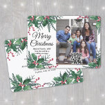 Any Text QR Code Christmas Holly Greenery 1 Photo Holiday Card<br><div class="desc">This year celebrate the joyful wonders of modern technology with a fun interactive QR code photo collage holiday card. Share one of your favourite pictures as well as an online video message, song, photo album, or other website. All text on this template is simple to customise to include any wording,...</div>