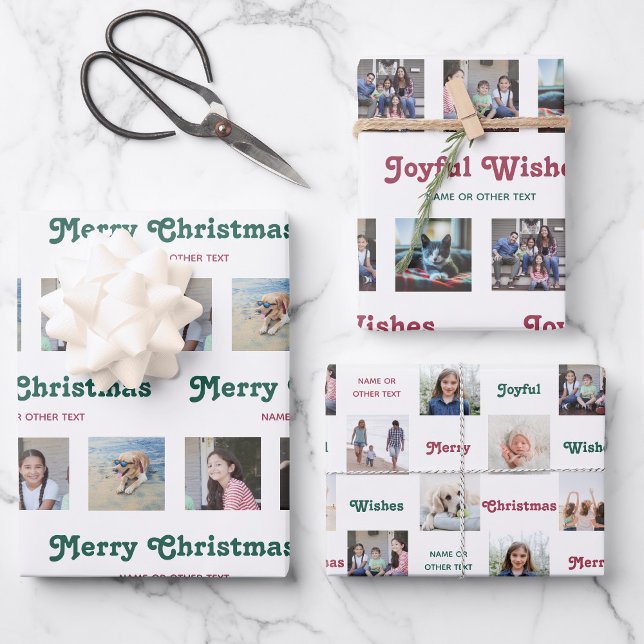 Any Text Retro Red Green Christmas Photo Collage Wrapping Paper Sheet (Creator Uploaded)