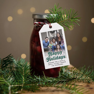 Any Text Retro Typography & Photo Festive Green Gift Tags