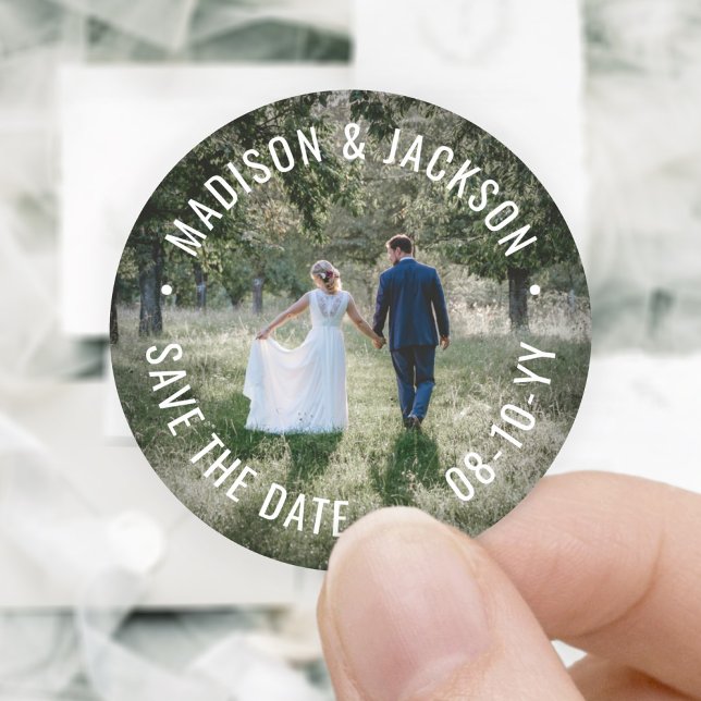 Any Text Save The Date Simple Modern Wedding Photo Classic Round Sticker (Creator Uploaded)