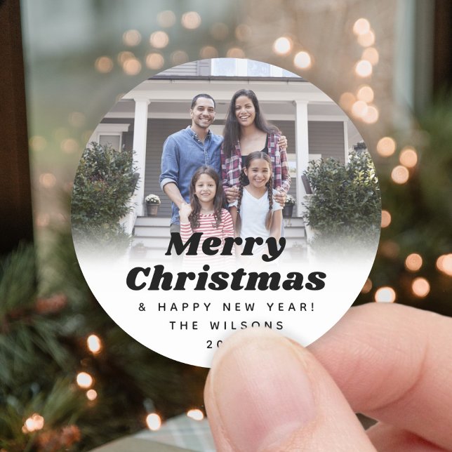 Any Text Simple Retro Christmas Photo Black White Classic Round Sticker (Creator Uploaded)