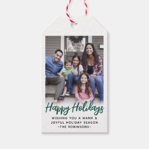 Any Text Trendy Brushed Green Script & Photo Gift Tags