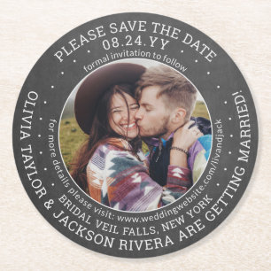 Any Text Wedding Save the Date Photo Chalkboard Round Paper Coaster