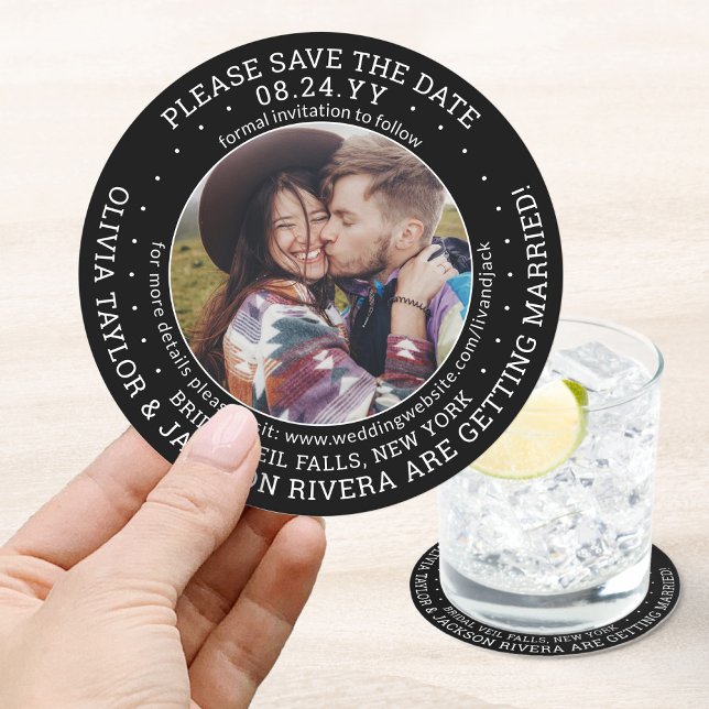 Any Text Wedding Save the Date Photo Chalkboard Round Paper Coaster (Creator Uploaded)