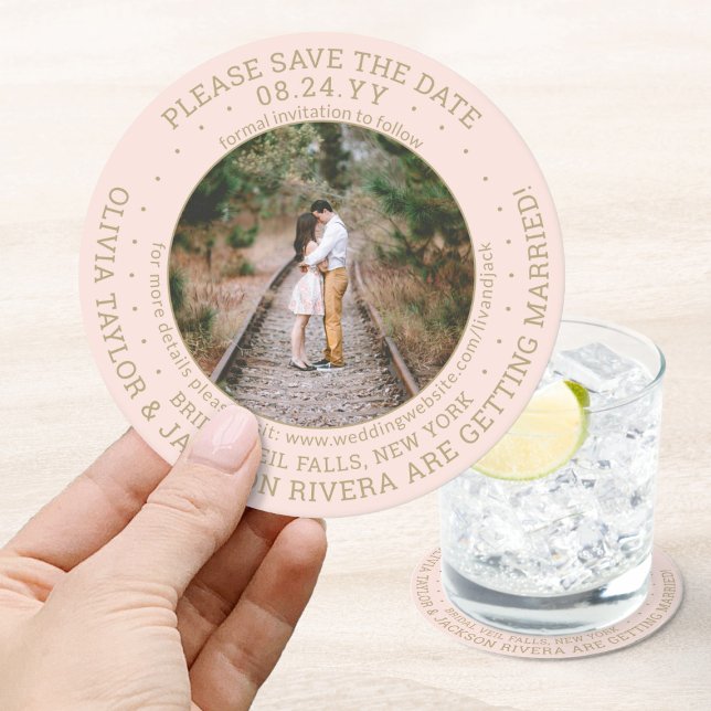 Any Text Wedding Save the Date Photo Pink and Gold Round Paper Coaster (Creator Uploaded)