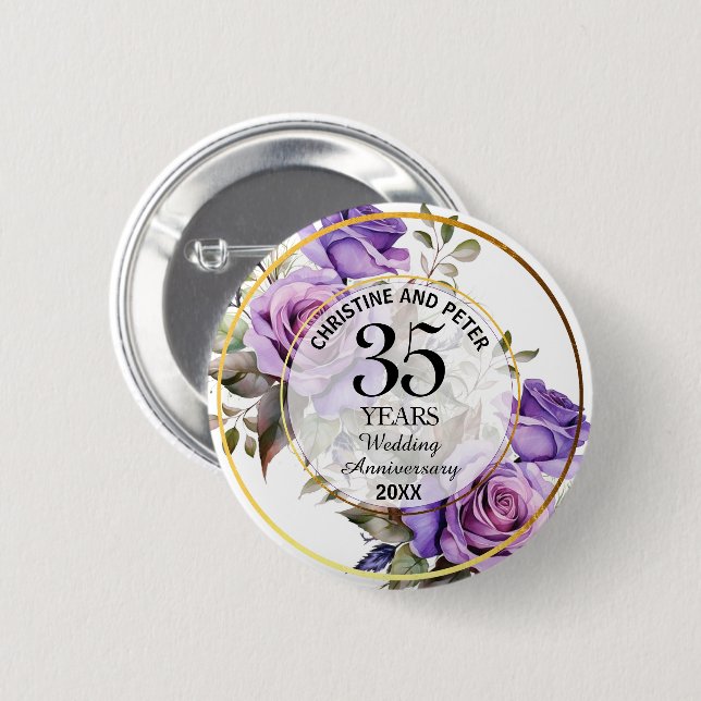 Any Wedding (35) Gold Frame Roses Anniversary 6 Cm Round Badge (Front & Back)
