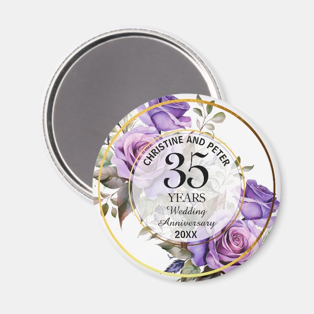 Any Wedding (35) Gold Frame Roses Anniversary Magnet (Front/Back)