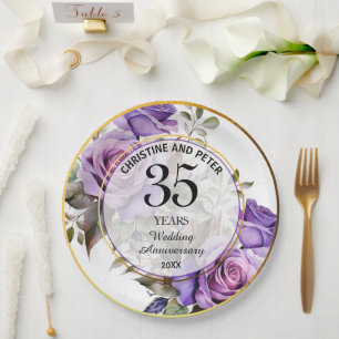Any Wedding (35) Gold Frame Roses Anniversary Paper Plate