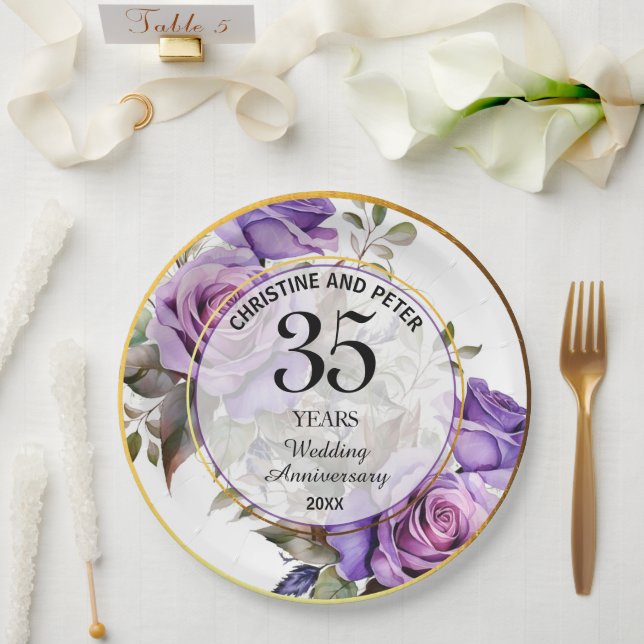 Any Wedding (35) Gold Frame Roses Anniversary Paper Plate (Wedding)