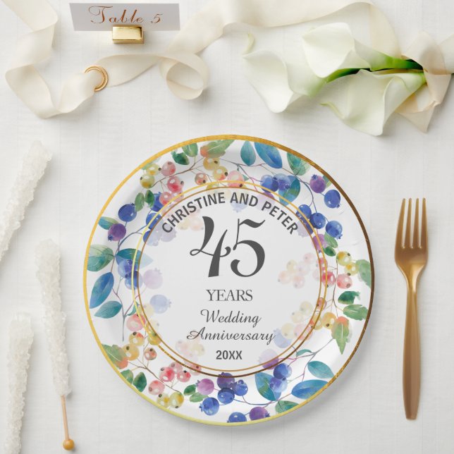 Any Wedding (45) Anniversary Gold Frame Berries  Paper Plate (Wedding)