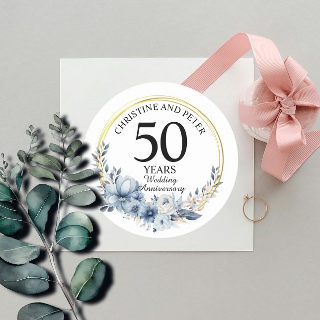 Any Wedding (50) Elegant Blue Floral Anniversary Classic Round Sticker (Creator Uploaded)