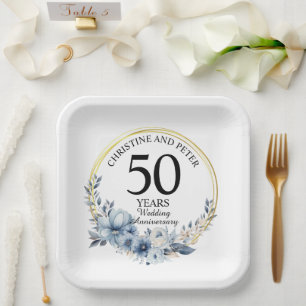 Any Wedding (50) Elegant Blue Floral Anniversary Paper Plate