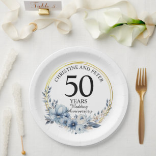 Any Wedding (50) Elegant Blue Floral Anniversary Paper Plate