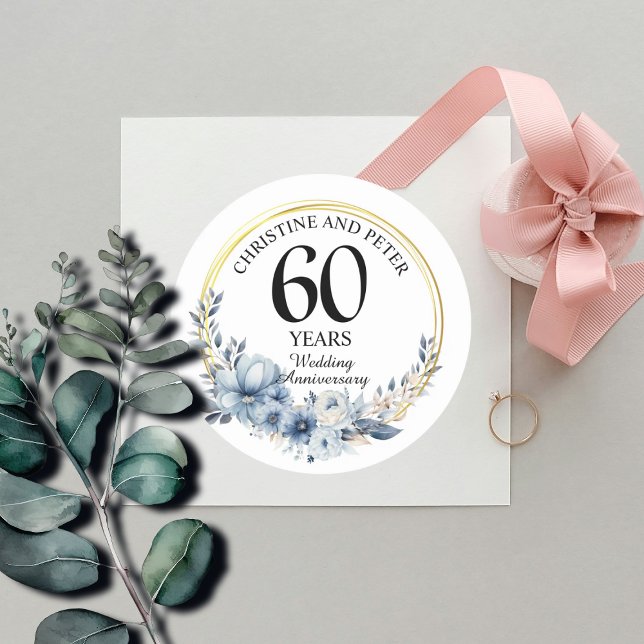 Any Wedding (60) Elegant Blue Floral Anniversary Classic Round Sticker (Creator Uploaded)
