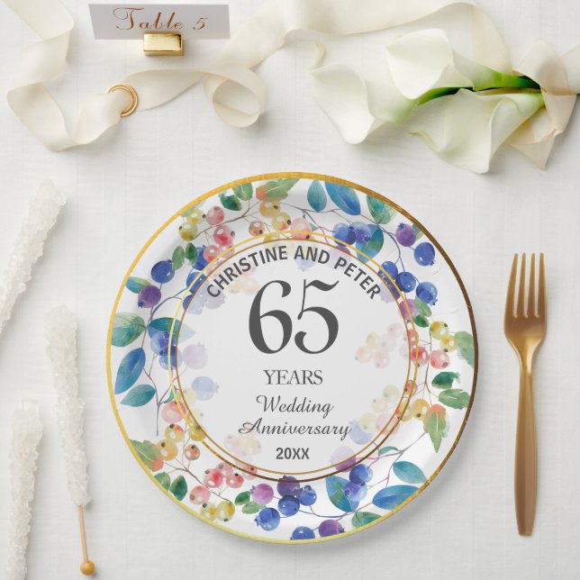 Any Wedding (65) Anniversary Gold Frame Berries Paper Plate (Wedding)