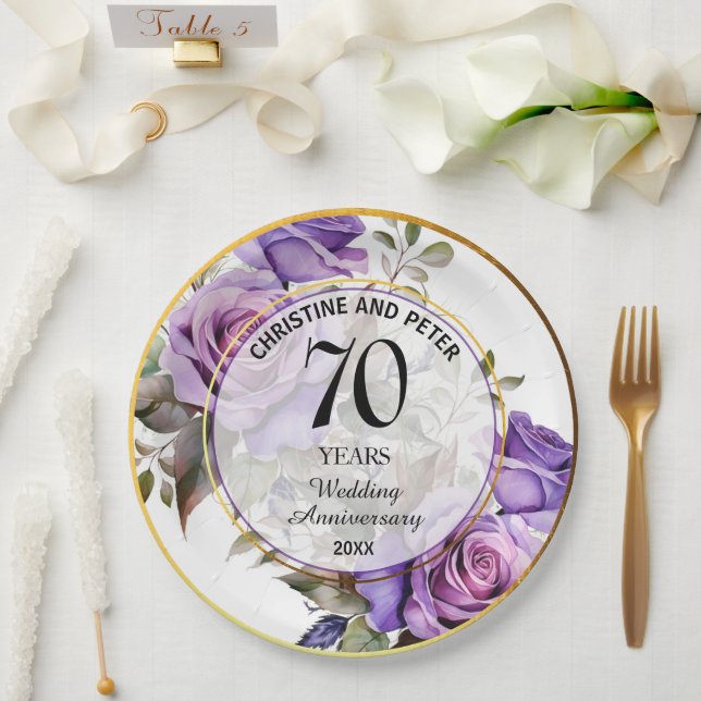 Any Wedding (70) Gold Frame Roses Anniversary Paper Plate (Wedding)