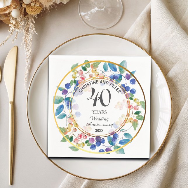 Any Wedding Anniversary (40) Gold Frame Berries Napkin (Creator Uploaded)