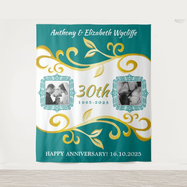 Any Wedding Anniversary Add Your Photos Teal Gold Tapestry (Front)
