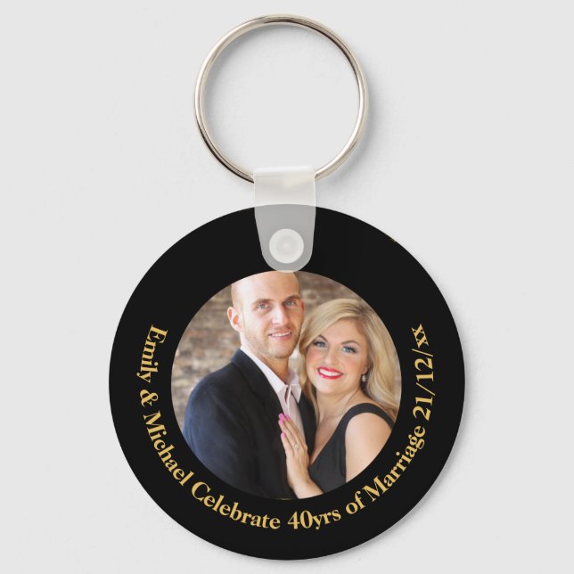 ANY Wedding Anniversary Black Gold Marble PHOTO Key Ring (Front)